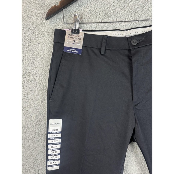 Haggar Pants Mens 32x30 Black Slim Straight Stretch Twill Built In Gripper New